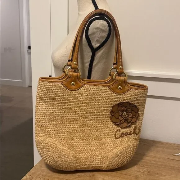 Coach Bleecker Natural Straw Tan Tote Handbag with Leather Accents Boho Vacation - Picture 1 of 16